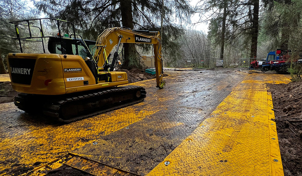 Yellow excavator on a wet road with trees in the background