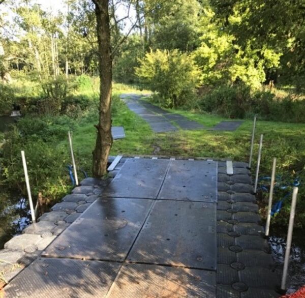 temporary pathway across woodland bridge
