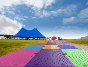 colourful temporary roadway footpath public event field